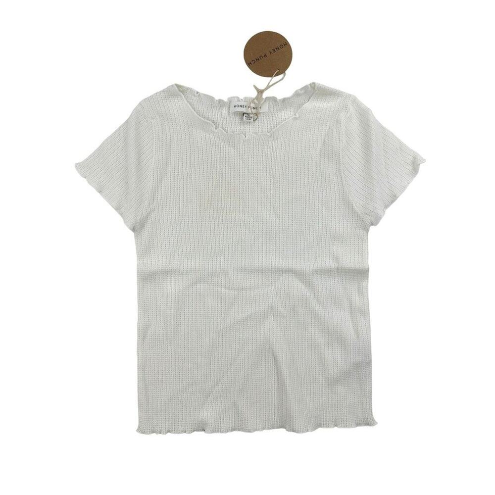 Honey Punch - Ribbed Pointelle Knit Short Sleeve Top in Ivory